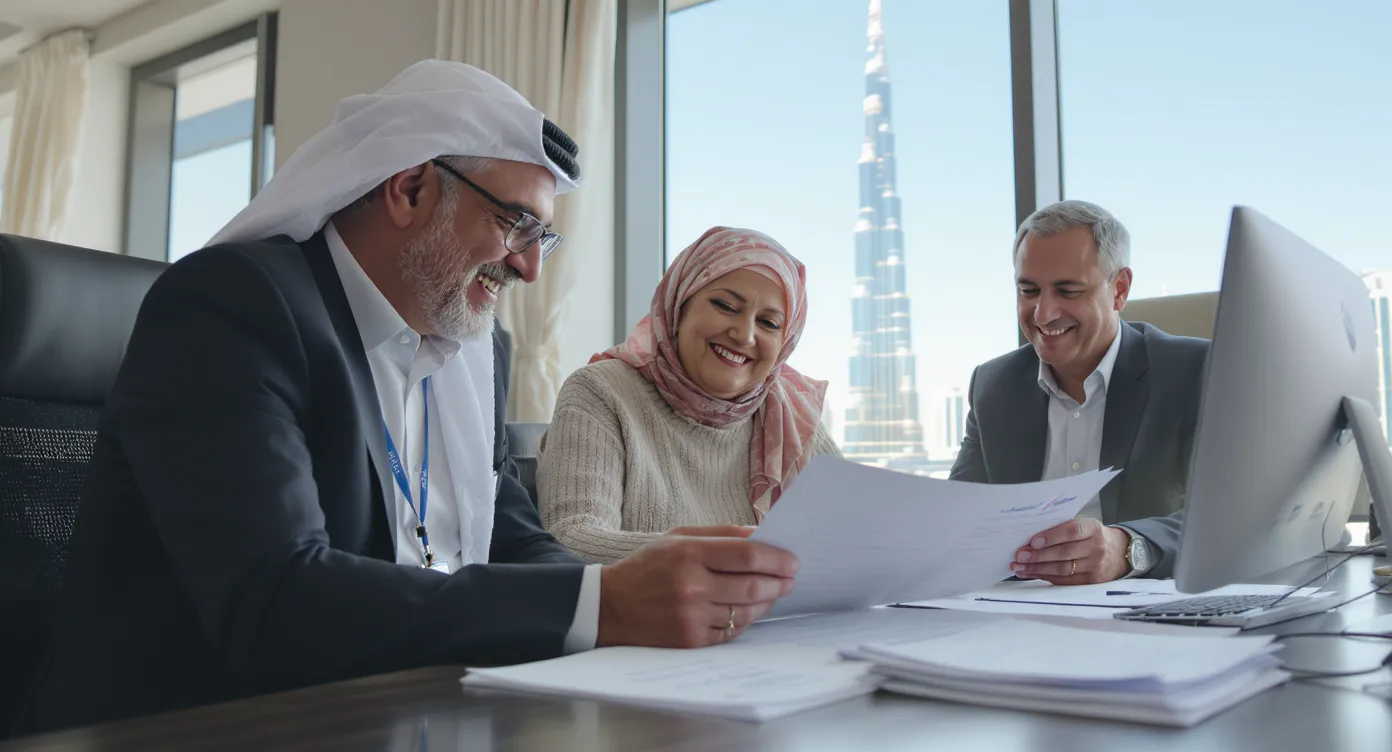 A smiling retired couple reviews visa application documents with a professional inside a modern typing center, Arabic forms visible on the desk and the Burj Khalifa faintly seen through a window