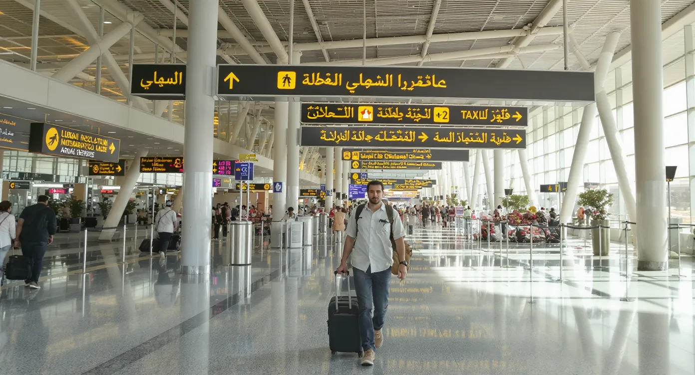 A traveler with a small carry-on walks through Dubai International Airport’s arrivals hall, bright signage pointing toward immigration and taxis.