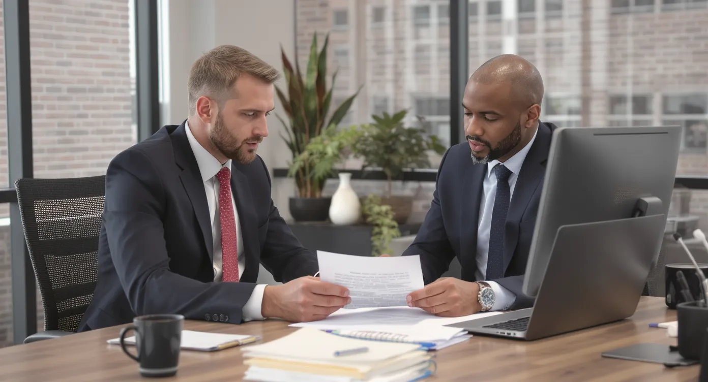 Business owner meeting a consultant at a modern typing centre desk reviewing corporate tax documents.