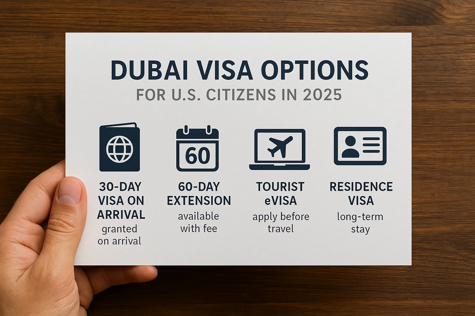 Compact infographic showing Dubai visa options for US citizens in 2025: 30-day on-arrival, 60-day extension, tourist eVisa, residence visa.