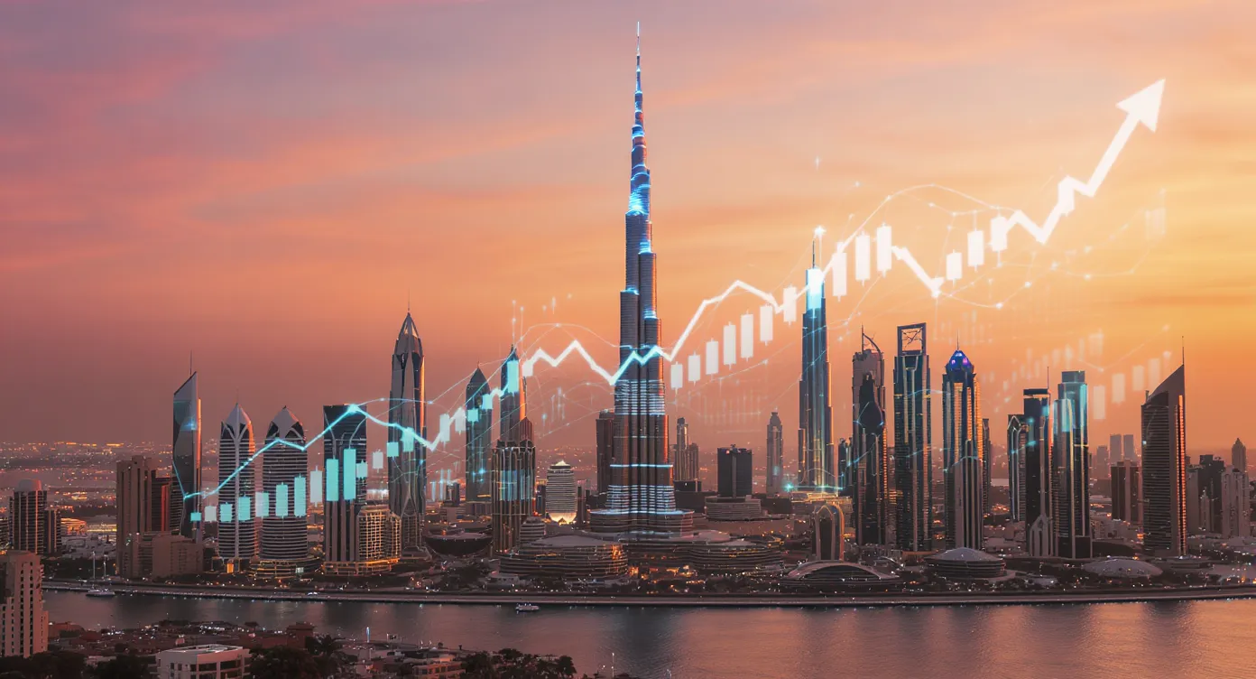 Illustration showing a UAE skyline with financial graphs rising upward to represent corporate tax compliance.