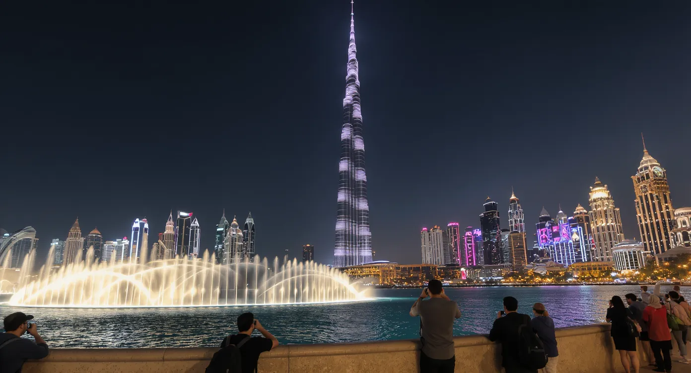 Night skyline of Dubai with the Burj Khalifa lit up against a clear sky, viewed from the edge of the Dubai Fountain, as airport travelers with backpacks take photos.