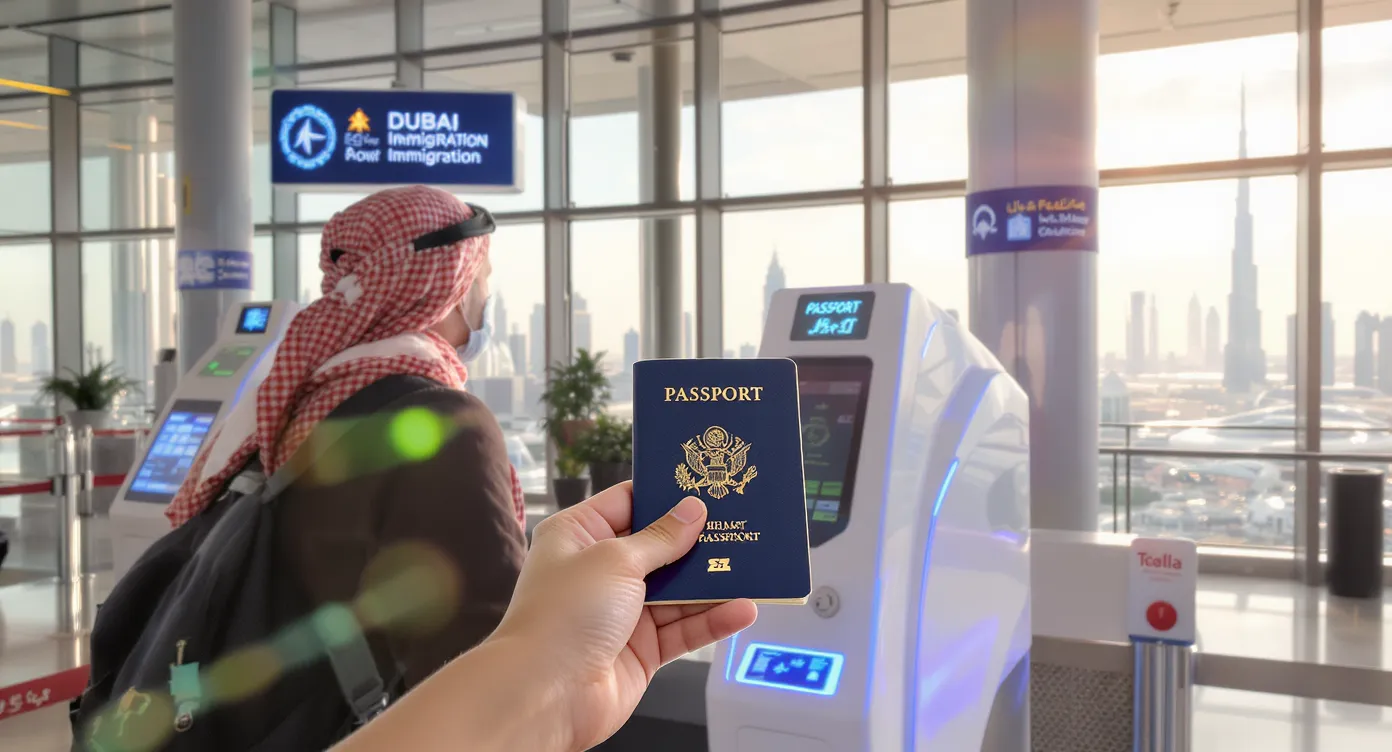 US traveler holding passport at Dubai airport immigration smart gate, passport scanners glowing blue and Burj Khalifa silhouette in background.