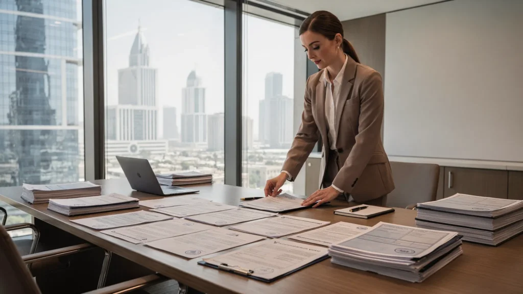 Dubai branch license -office staff checking documents